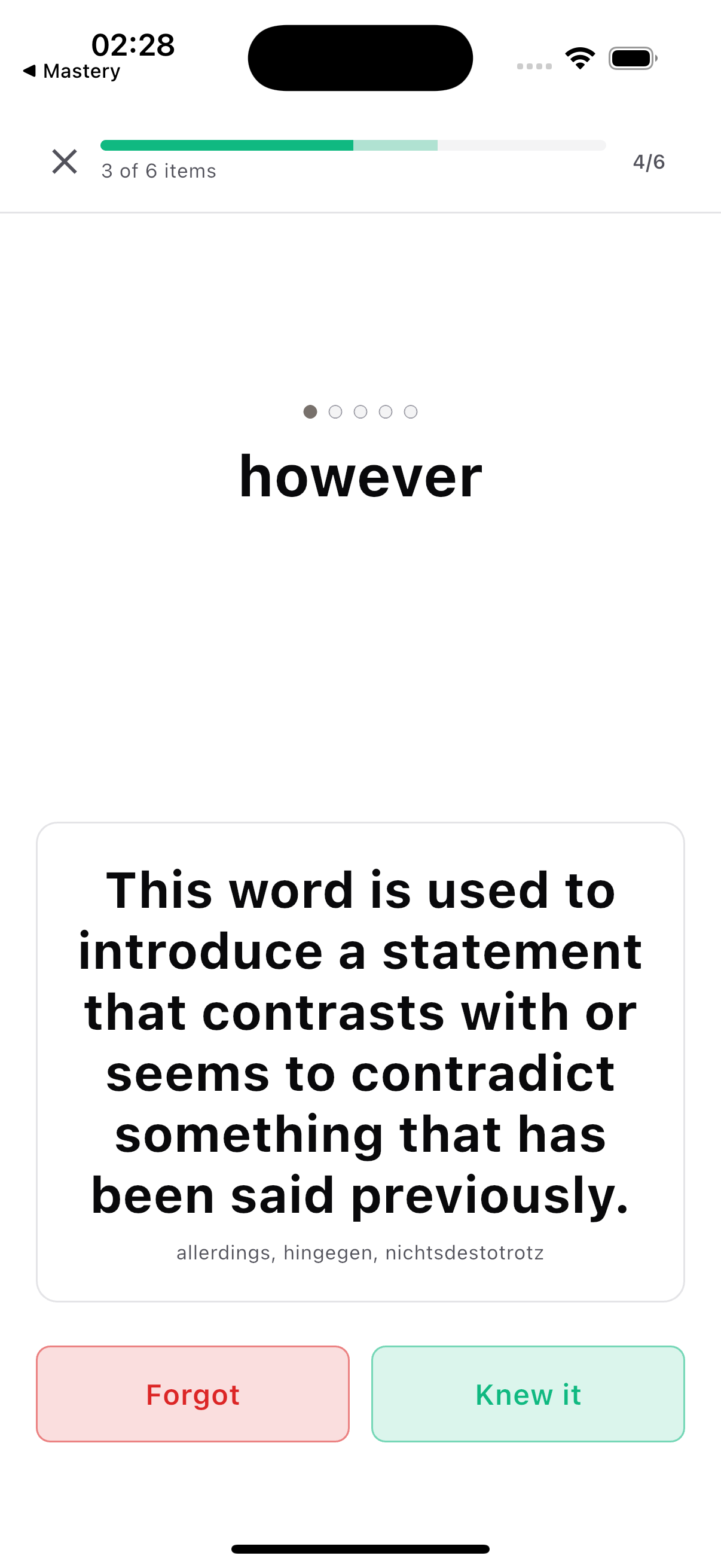 Practice card showing the word 'however' with a definition match exercise