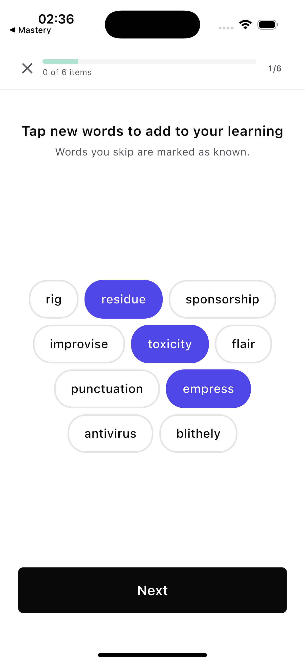 New word discovery session with selectable vocabulary words
