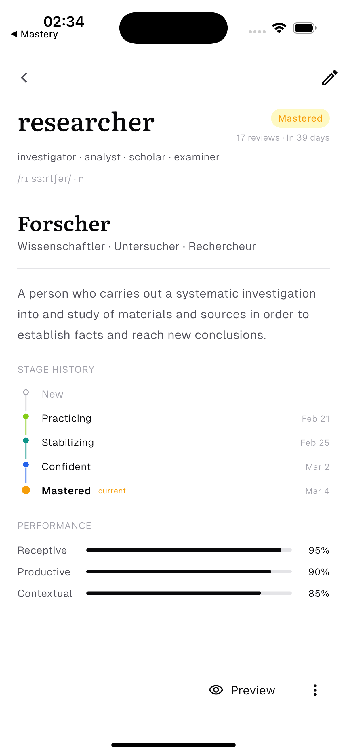 Word detail for 'researcher' showing stage history from New to Mastered, with receptive, productive, and contextual performance bars